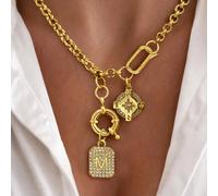 1 pièce Collier avec petite boucle dorée et lettre, assorti avec un pendentif en forme d'étoile à huit branches et une chaîne en acier inoxydable. Convient pour le travail, la vie quotidienne, les ras
