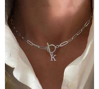 1 pièce Collier chaîne de trombone en acier inoxydable couleur argent avec pendentif initiale pour femmes L,M,S,H,A,T,O,X,B,C,D,E,F,G,I,J,K,N,P,Q,R,U,V,W,Y,ZAcier inoxydable