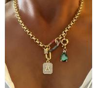 1 pièce Collier de lettre A-Z doré de luxe, chaîne de lettre unique avec donuts et diamant vert, en acier inoxydable, pour la décoration quotidienne du travail des femmes L,M,S,H,A,T,O,X,B,C,D,E,F,G,I