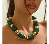 1 pièce Collier de perles en résine de couleur jade élégant et sexy de style bohème avec pépite d'or, perles CCB asymétriques pour femmes, avec perles texturées faux ambre vert olive, perles florales 