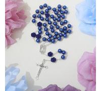 1 pièce Collier de prière perlé fait main avec une rose bleue perle, une croix et un pendentif croix de la Vierge Marie Jésus Alliage de zinc