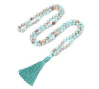 1 pièce Collier long avec décoration de perles bohèmes, pompon, 108 perles de prière mala, pierre impériale. Collier de méditation, yoga, prière, rosaire, bijou pour femmes pour les vacances Taille Un