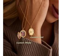 1 pièce Collier médaillon photo personnalisé, collier médaillon ovale en acier inoxydable de mode personnalisé, photo et texte DIY, photo colorée, texte gravé au laser, style moderne et couleur riche,