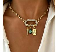 1 pièce Collier ovale doré avec 26 lettres, associé à une émeraude et un pendentif conique unique, est le choix idéal pour les cadeaux de fête exquis pour femmes L,M,S,H,A,T,O,X,B,C,D,E,F,G,I,J,K,N,P,