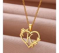 1 Pièce Collier Pendentif En Acier Inoxydable En Forme De Coeur Avec Rose Et Lettre Creuse De A À Z Pour Le Nom Anglais L,M,S,H,A,T,O,X,B,C,D,E,F,G,I,J,K,N,P,Q,R,U,V,W,Y,ZAcier inoxydable