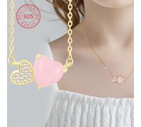 1 pièce Collier pendentif en argent sterling 925 à faible allergie en forme de cœur rose, incrusté de zirconium cubique scintillant, boîte cadeau, cadeau pour enfants, amis, rentrée scolaire Taille Un
