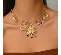 1 pièce Collier pendentif style occidental et pour femme, avec étoile, lune, strass, rose, cœur, tournesol, œil de diable en strass et grand soleil. Un collier multi-pendentif polyvalent ou superposé 