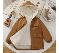 1 pièce Combinaison à capuche à manches longues style décontracté pour jeune garçon, matelassée kaki et en polaire blanche. Style simple et personnalisé, convient aux garçons de 4 à 7 ans pour un usag