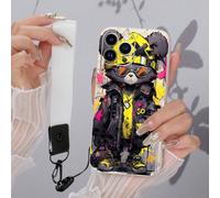 1 pièce Coque de téléphone antichoc en TPU blanc avec motif d'ours graffiti de rue et 1 pièce Cordon de blanc avec fermoir à mine terrestre, compatible avec iPhone, OPPO, convenant pour iPhone 16 Pro 