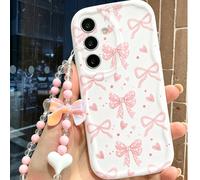 1 pièce Coque de téléphone blanche crème de luxe à la mode, asymétrique, peinte aux UV, avec nœud rose mignon et bracelet cœur rose, bord surélevé anti-chute, texture ondulée, coque transparente compa