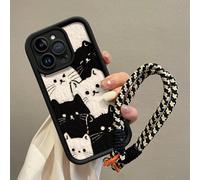 1 pièce Coque de téléphone noire super populaire et mignonne à la mode avec peinture UV, écran complet avec chat noir et chat blanc, cordon tressé noir & blanc, bord surélevé anti-chute, convient pour