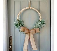 1 pièce Couronne de style ferme charmante avec perles en bois et décoration de long nœud, avec feuilles d'eucalyptus, parfaite pour la décoration murale du salon de la maison, couronne de perles en bo