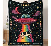 1 pièce Couverture en peluche douce avec motifs vintage d'occultisme, d'extraterrestres, d'OVNI, de vache enlevée, de lumière arc-en-ciel, de soleil et de lune. Chaude et confortable pour toutes les s