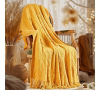 1 pièce Couverture en tricot de luxe jaune moutarde avec détails à franges - Style scandinave, réversible, convient à toutes les saisons, facile à nettoyer, motif géométrique, cadeau de vacances idéal
