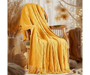 1 pièce Couverture en tricot de luxe jaune moutarde avec détails à franges - Style scandinave, réversible, convient à toutes les saisons, facile à nettoyer, motif géométrique, cadeau de vacances idéal