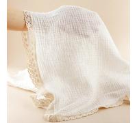 1 pièce Couverture fine en mousseline de coton pur gaufrée avec bordure en dentelle, douce et mignonne pour bébé et tout-petit, couverture d'emmaillotage pour nouveau-né, serviette de bain, nappe de n