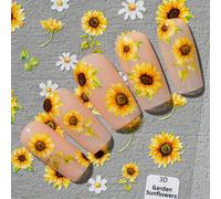 1 pièce d'autocollants d'ongles 6D gaufrés, série florale populaire du début de l'été, chrysanthème, marguerite, feuilles et autres éléments végétaux, convient pour les ongles DIY personnels des fille