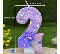 1 pièce de bougie à queue de sirène scintillante violette et multicolore avec des accents de faux perles, décorations d'anniversaire série océan, bougie numéro artisanale scintillante 0-9 avec support