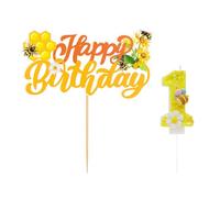 1 Pièce De Bougie De Fleur D'Abeille, 1 Pièce De Carte De Joyeux Anniversaire, Bougie De Premier Anniversaire, Bougie De Numéro De Paillettes, Décoration De Gâteau D'Anniversaire
