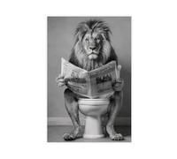 1 pièce de décoration murale avec cadre en bois - Impression sur toile - Lion assis sur une toilette ouverte et lisant un journal