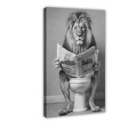 1 pièce de décoration murale avec cadre en bois - Impression sur toile - Lion assis sur une toilette ouverte et lisant un journal