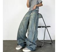 1 pièce de jeans vintage ajusté et ample avec broderie étoilée "Justice Brother", pantalon ample et décontracté L,M,S,XL,XS,XXLGéométriqueJean