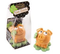 1 pièce de petit cochon en massepain doré sur trèfle à quatre feuilles dans un sachet de cellophane