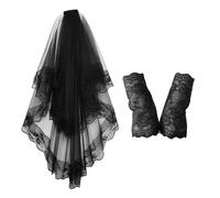 1 Pièce De Voile De Dentelle Noire Et 1 Paire De S En Dentelle Courte, Coiffe De Gaze Moelleuse Simple Multicouche, Accessoires D'Habillage De Fête D'Halloween.