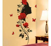1 pièce Décalcomanie murale de profil de femme magnifique avec une branche de rose pour la Saint-Valentin, décoration amovible pour la chambre à coucher et le salon pour les rendez-vous et les jours f