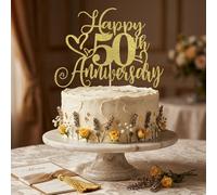 1 pièce Décoration de gâteau d'anniversaire de mariage 50e en or brillant, décoration de gâteau de célébration de 50 ans de mariage élégante, fournitures de fête du jubilé d'or, décoration de gâteau d