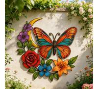1 pièce Décoration murale en métal avec phases de lune et papillons - Design plat 2D avec papillons colorés, fleurs et feuilles vertes. Une décoration murale de style bohème, cette sculpture/murale mu