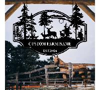 1 pièce Décoration murale en métal personnalisée avec cerf avec plaque de nom de famille personnalisée représentant une scène forestière, décoration rustique moderne d'intérieur/extérieur, panneau de