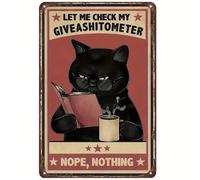 1 pièce Décoration murale en métal vintage représentant un chat noir et un café, avec l'inscription humoristique "Laissez-moi vérifier mon compteur de 'soin'". Un cadeau parfait pour les amateurs de c