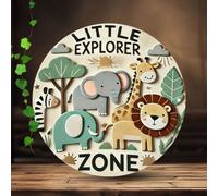 1 pièce Décoration murale vintage "Petit explorateur" - Panneau rond en bois avec des animaux sauvages colorés, convient pour la chambre des jeunes, la maison, le café, le bar, la décoration thème jun