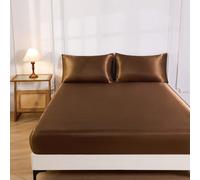 1 pièce Drap-housse en satin de fausse soie marron café unicolore, comprend 1 pièce drap-housse, convient pour les lits extra-larges, grands, doubles standards et simples, conception à poche profonde 