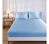1 pièce Drap-housse en satin de soie synthétique bleu clair unicolore, comprend 1 pièce drap-housse, convient pour les lits extra-larges, grands, doubles standards, simples, conception à poche profond