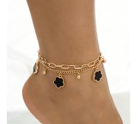 1 pièce Élégant bracelet de cheville en métal noir avec fleur et trèfle multicouche, convient pour les vacances, les fêtes, les sorties, les cadeaux, le port quotidien (boîte-cadeau non incluse) Trèfl