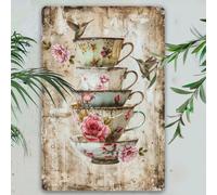 1 pièce Enseigne murale en métal avec motif vintage de tasse à thé, design rétro avec fleurs et colibri. Plaque en métal durable, convient pour la maison, le bar, le café, le jardin, le style ferme, i