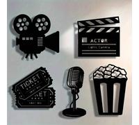1 pièce/Ensemble de 5 pièces Décoration murale en métal sur le thème du cinéma - Décoration de cinéma, comprenant des icônes de bande de film, de pop-corn et de ticket, convient pour la décoration de 