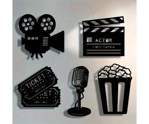 1 pièce/Ensemble de 5 pièces Décoration murale en métal sur le thème du cinéma - Décoration de cinéma, comprenant des icônes de bande de film, de pop-corn et de ticket, convient pour la décoration de 