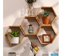 1 pièce Étagère murale flottante de style boho rustique en forme d'hexagone, support d'affichage de plantes en nid d'abeille et étagère à livres, support de rangement mural invisible, convient pour le