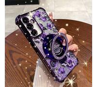 1 pièce Étui de téléphone anti-choc avec support floral violet pailleté, coins électroplaqués anti-chute, compatible avec iPhone 17 Pro Max/16 Pro Max/15/14 Pro/13/12/11/XR/XS Max/8, Galaxy S25/S24/S2