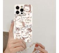 1 pièce Étui de téléphone antichoc en TPU blanc avec motif de chat de musique de dessin animé et 1 pièce de cordon tour de cou en champagne avec strass, perles, fleurs et nœud, résistant à l'eau et au
