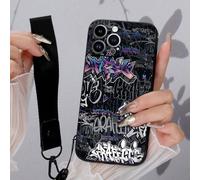 1 pièce Étui de téléphone antichoc en TPU noir avec motif de texte graffiti de rue et 1 pièce Sangle de cordon avec boucle de mine noire, convient pour Étui de téléphone polyvalent/Étui de téléphone a