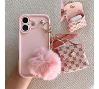 1 pièce Étui de téléphone de luxe mode rose et noir finition mate, convient aux femmes. Pochette de rangement pour écouteurs Bluetooth et boule de peluche. Étui de protection de téléphone avec support