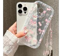 1 pièce Étui de téléphone minimaliste à la mode avec motif cœur et nœud + bracelet de poignet transparent rose avec cœur et nœud, forme ondulée transparente, couleur crème, compatible avec 17 17pro 17