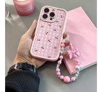 1 pièce Étui de téléphone mode style cerisier blanc rose, motif à carreaux de cerisier rose + bracelet blanc cœur rose perle de cornaline, étui de téléphone antidérapant rose à couverture intégrale co