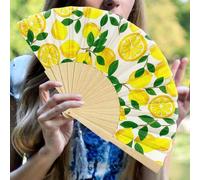 1 pièce Éventail pliant à imprimé citron, éventail en bois espagnol, éventail pliant portable en tissu et bambou à motif citron, éventail à main pour décoration de fête à thème, pour vacances/fête à t