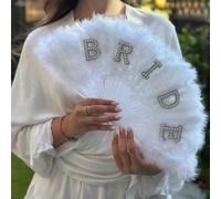 1 pièce Éventail pliant décoré de perles fausses, de lettres et de plumes blanches pour la mariée. Éventail à main pour la enterrement de vie de jeune fille, la douche de mariage de la mariée. Faveurs