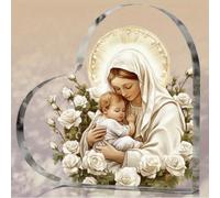 1 pièce Figurine acrylique de Jésus et de la Vierge Marie, décoration de bureau en forme de cœur avec rose blanche, convient pour la décoration de la maison et du bureau, sans électricité requise, cad